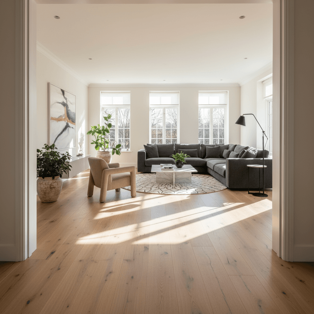 Finished hardwood floor installation in a modern Santa Barbara living room