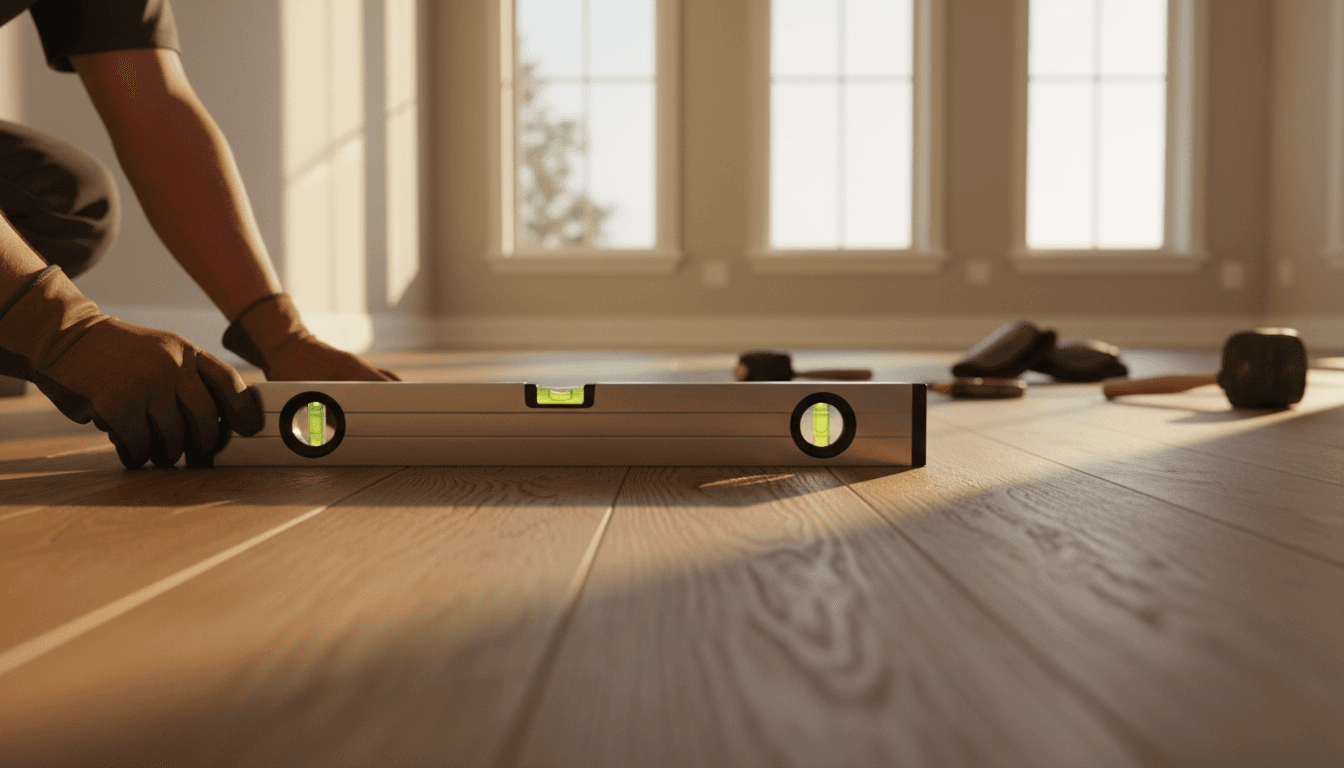 Skilled craftsman installing premium hardwood flooring with precision