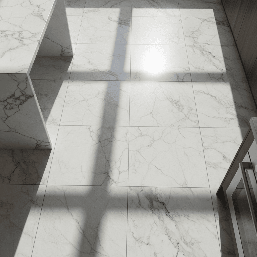 Marble-look porcelain tile installation in kitchen