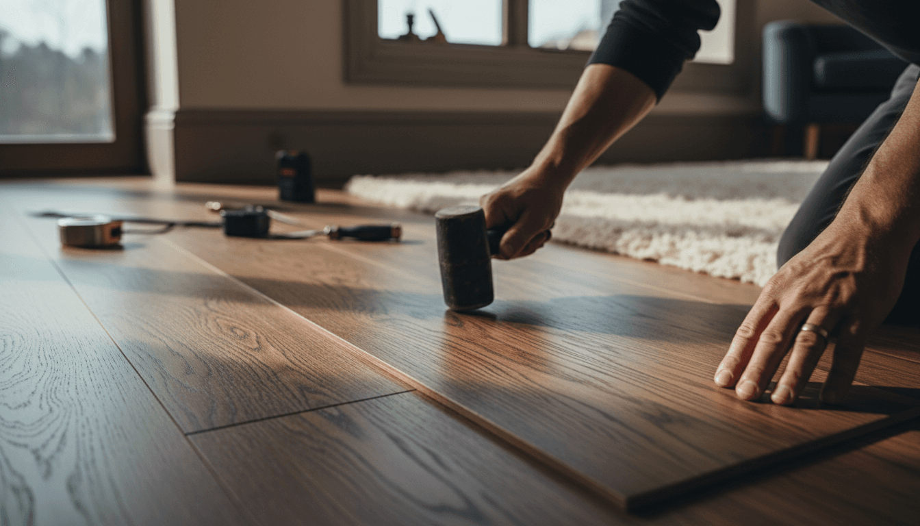 Skilled flooring craftsperson installing premium hardwood with precision and care