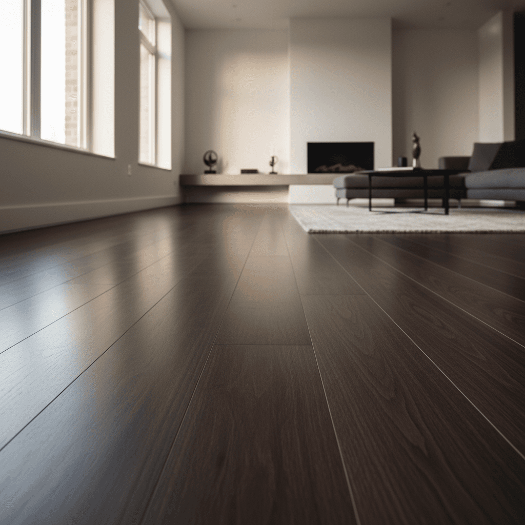 Completed walnut hardwood flooring in modern living room