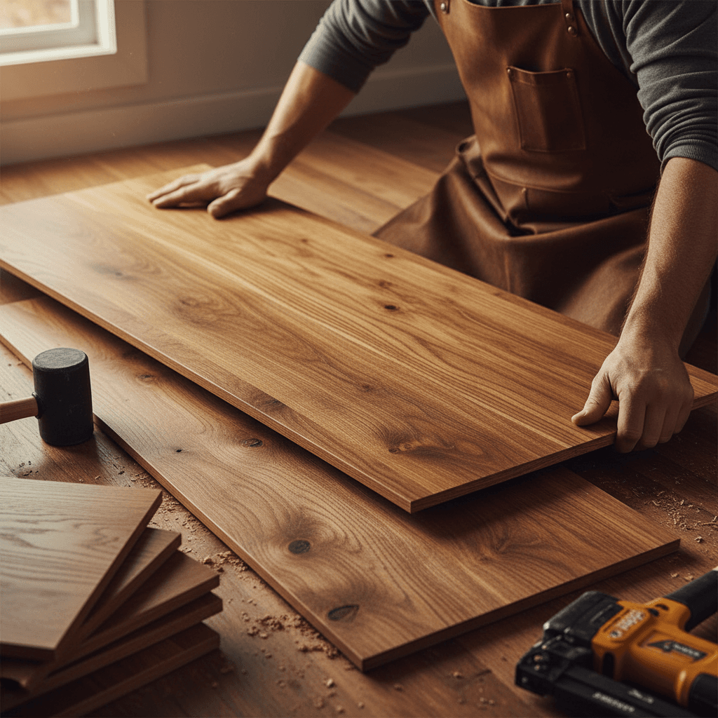 A warm artisanal aesthetic close-up shot of rich hardwood flooring being carefully installed, with a skilled installer's hands positioning planks with precision.