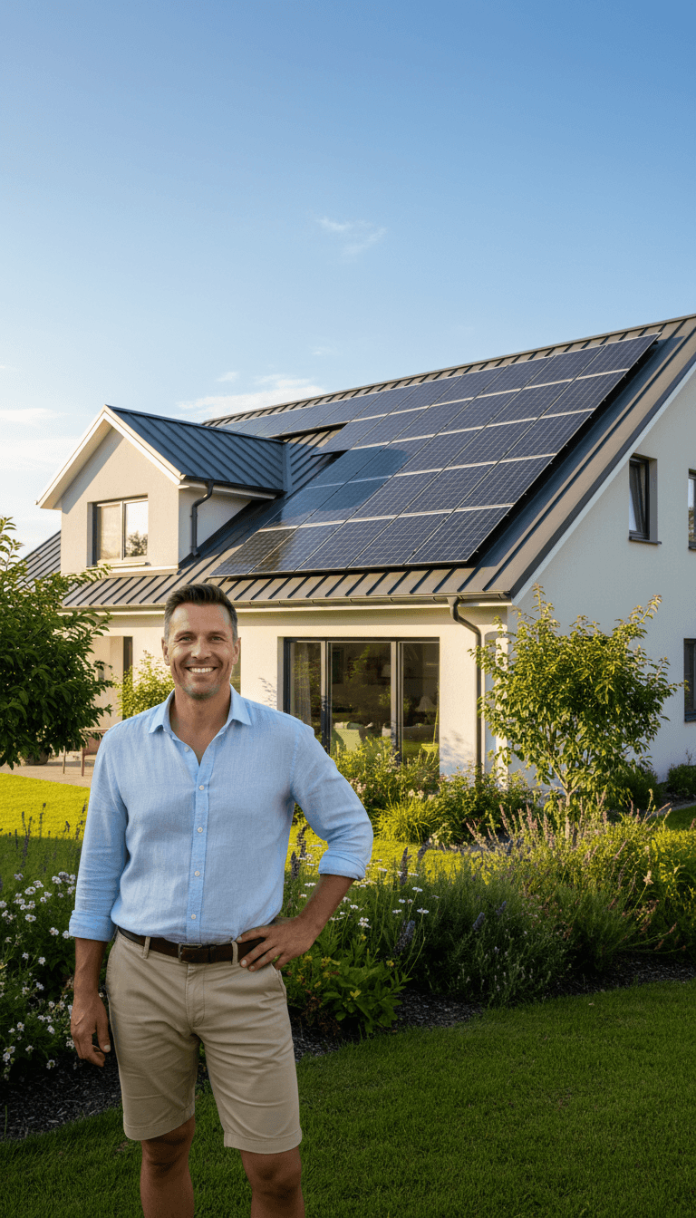 Satisfied homeowner standing in yard with completed residential solar installation visible on roof