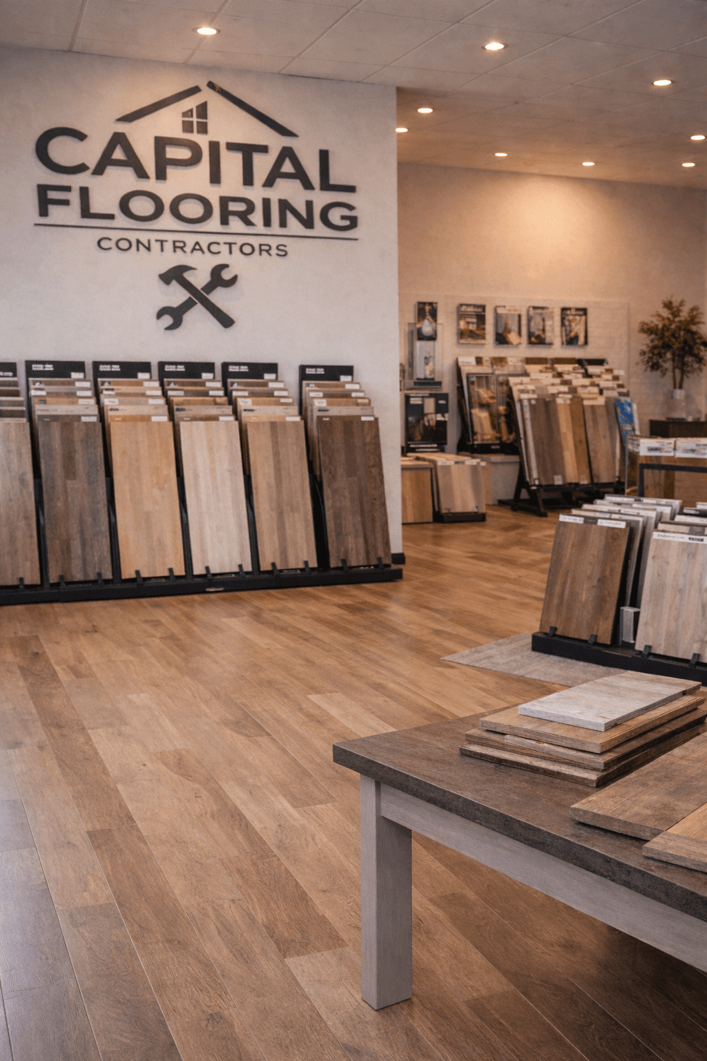 Capital Flooring Contractors showroom displaying various wood flooring samples on vertical racks and a wooden table.